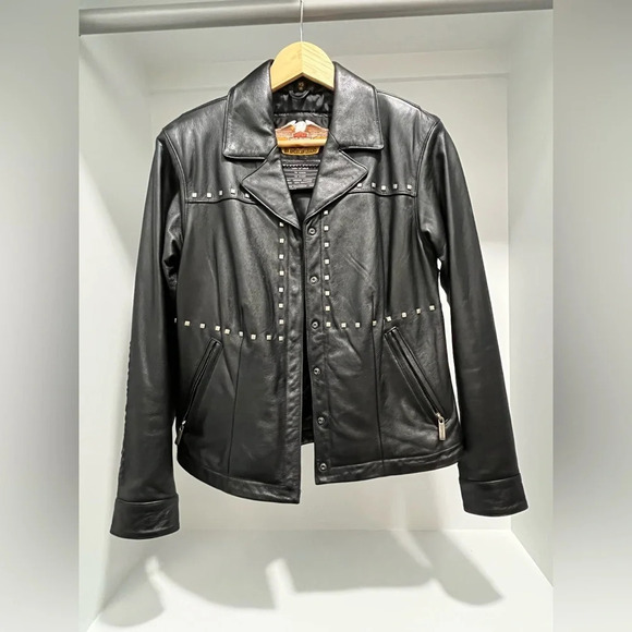 Vintage Harley Davidson Black Leather Studded  Motorcycle Riding Jacket XS 90s - Picture 2 of 11
